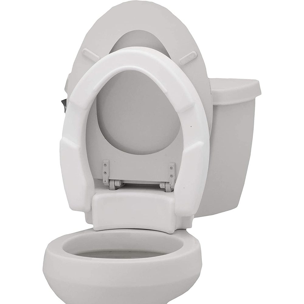 Raised white toilet seat with lid open