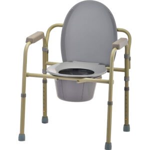Adjustable portable bedside commode with armrests