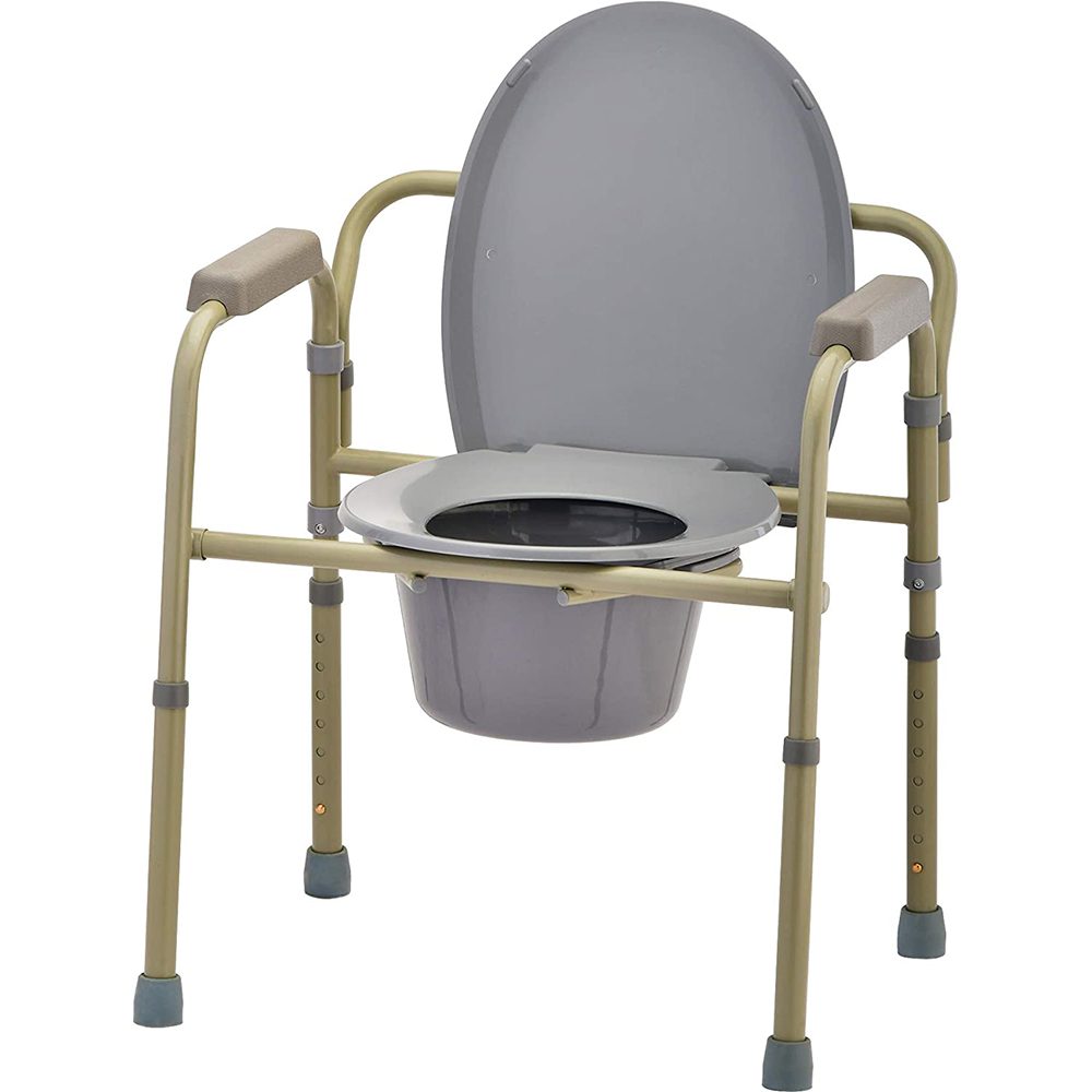 Adjustable portable bedside commode with armrests