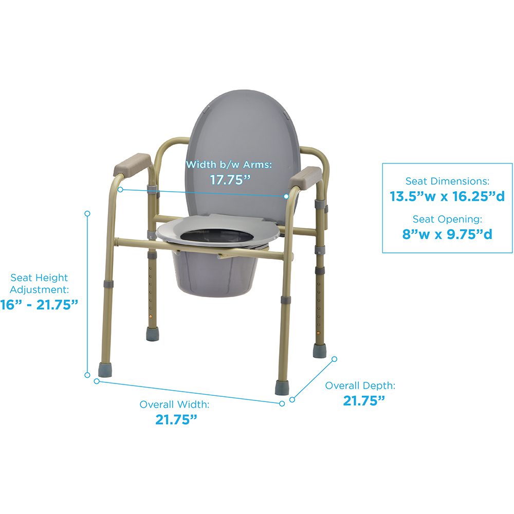 Adjustable bedside commode chair with measurements