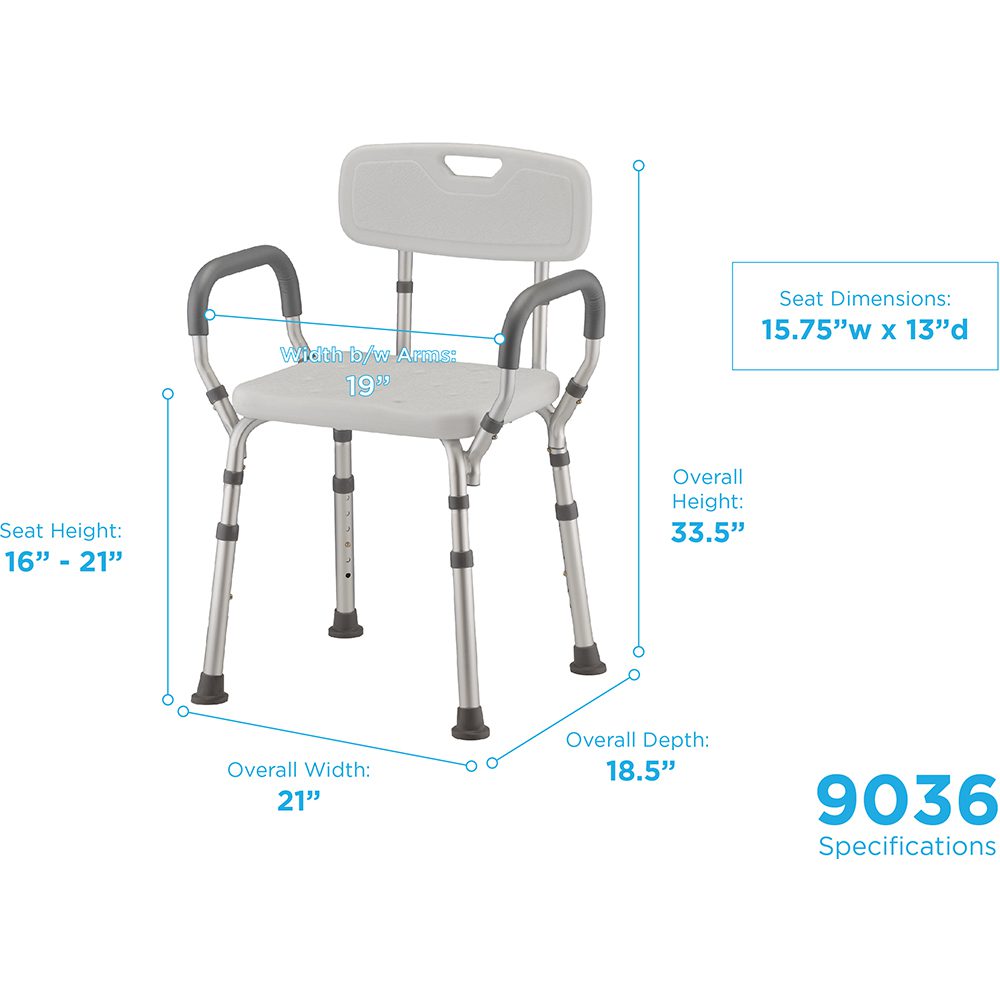 Adjustable shower chair with backrest and armrests