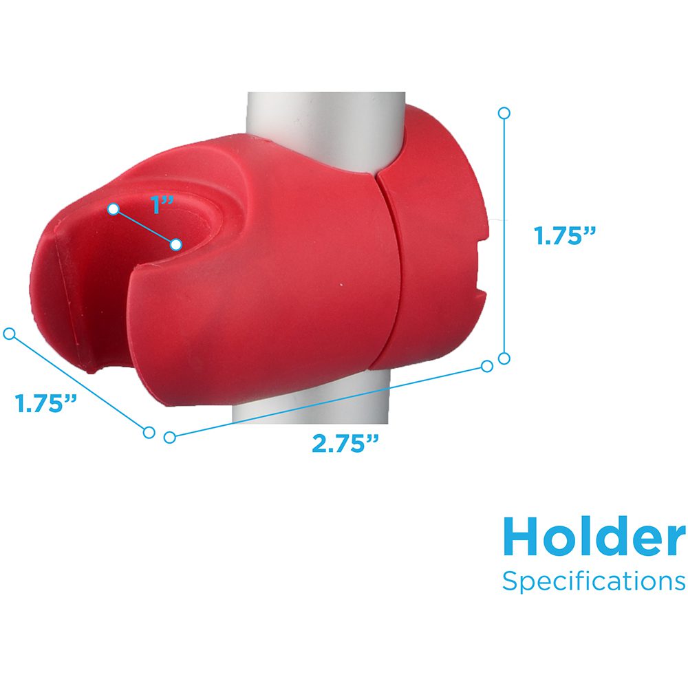 Red clamp holder on pole with measurements