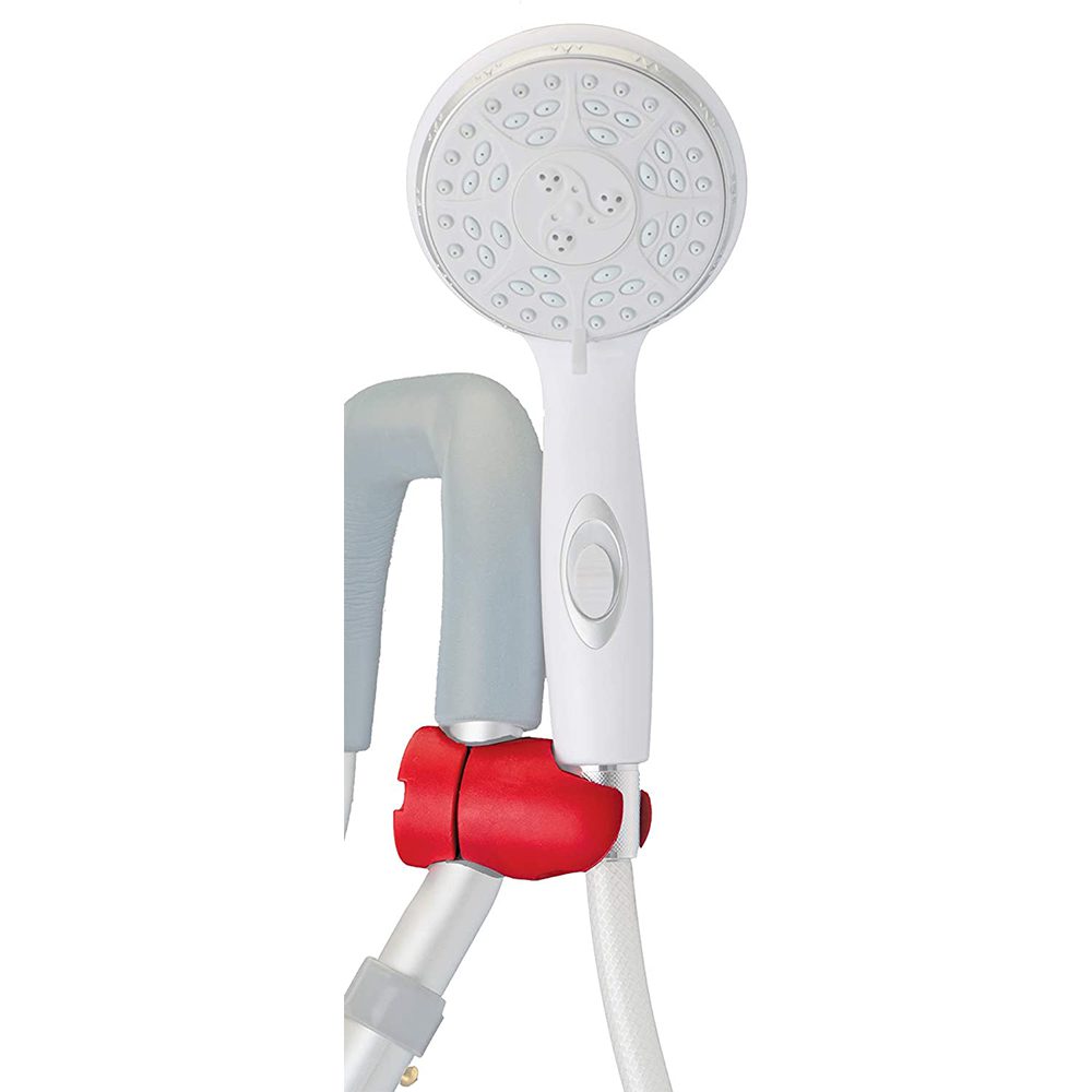 White handheld showerhead with red wall bracket