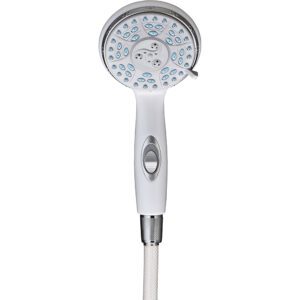 White handheld showerhead with chrome braided hose