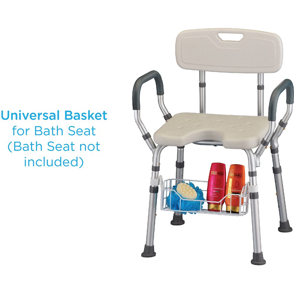 Shower chair with attached storage basket and toiletries