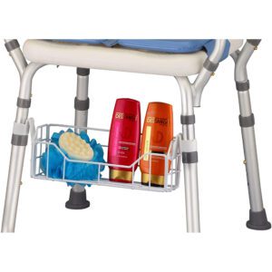 Shower chair with basket of toiletries