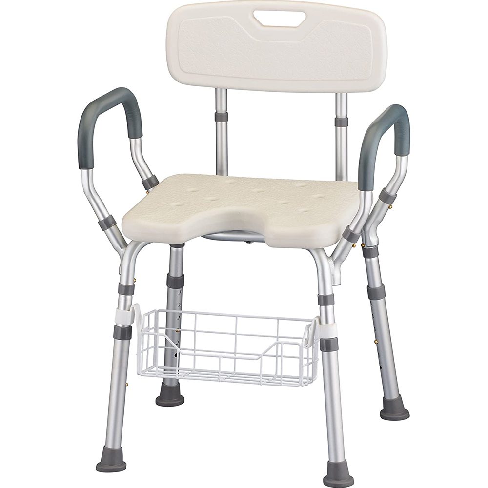 Adjustable shower chair with backrest and basket