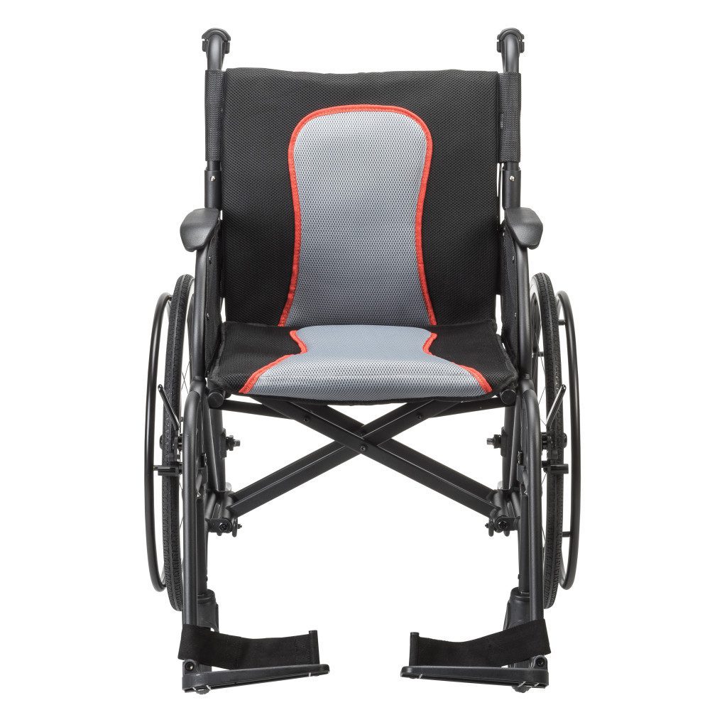 Black wheelchair with gray and red seat