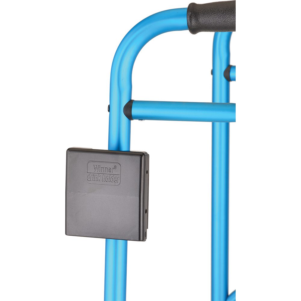 Blue mobility walker frame with black storage box