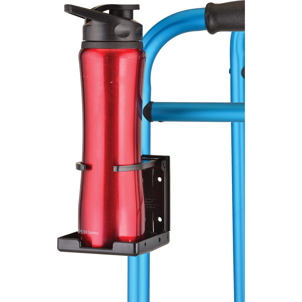 Red water bottle in holder on blue dolly
