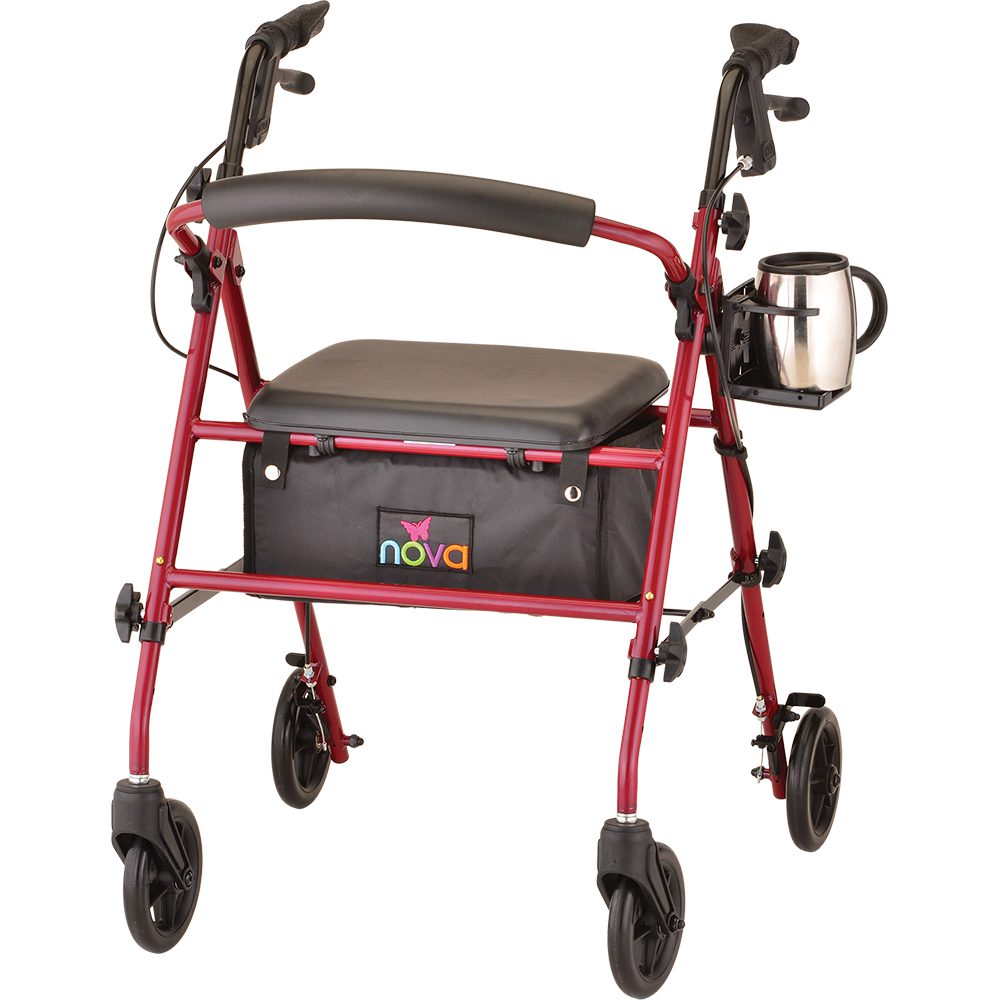 Red rollator walker with seat and storage bag