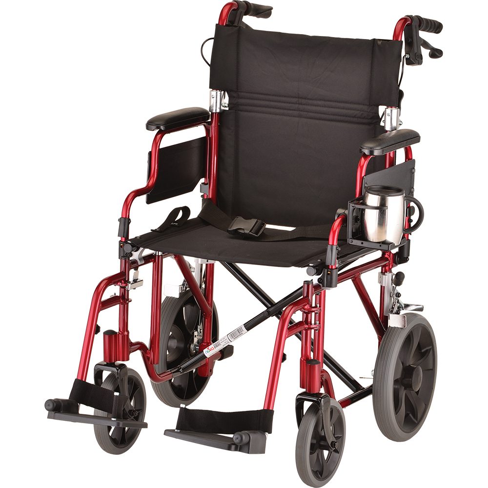 Red folding transport wheelchair with cup holder