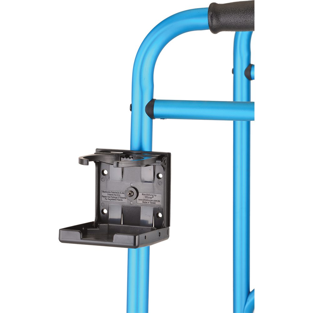 Blue walker with attached black cup holder