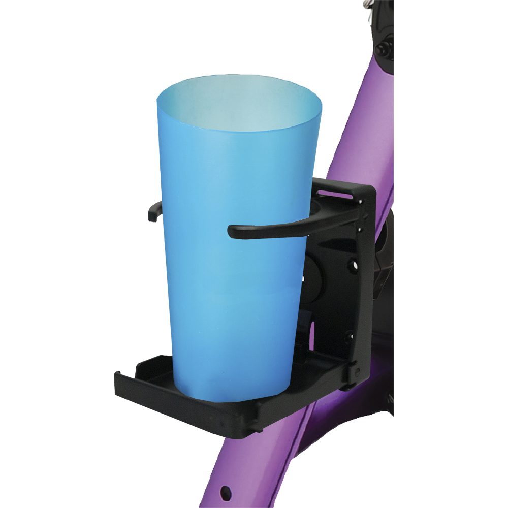Blue cup in exercise bike cup holder