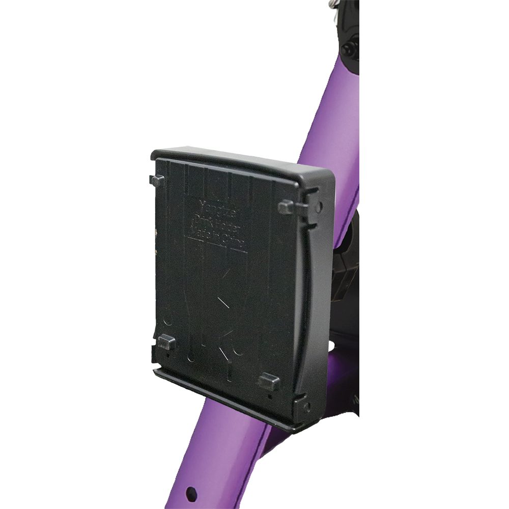Black storage box on purple scooter stem