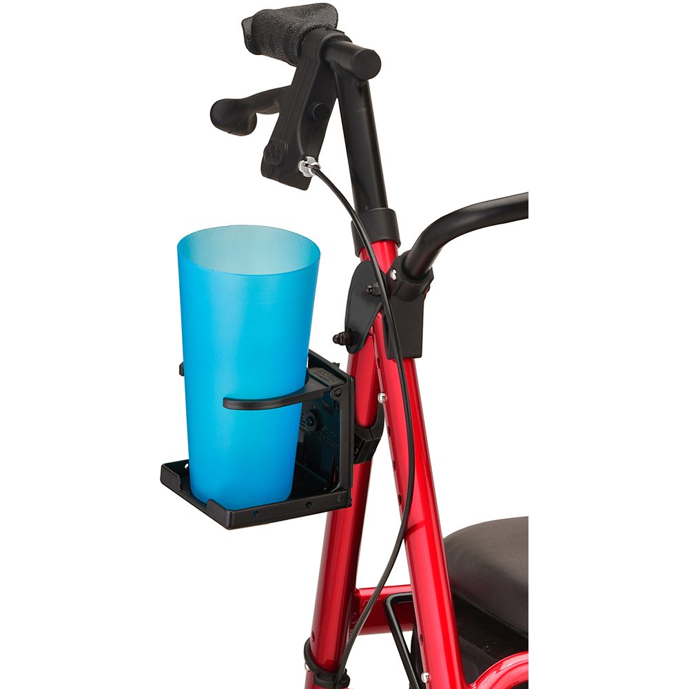 Blue cup in red rollator cup holder
