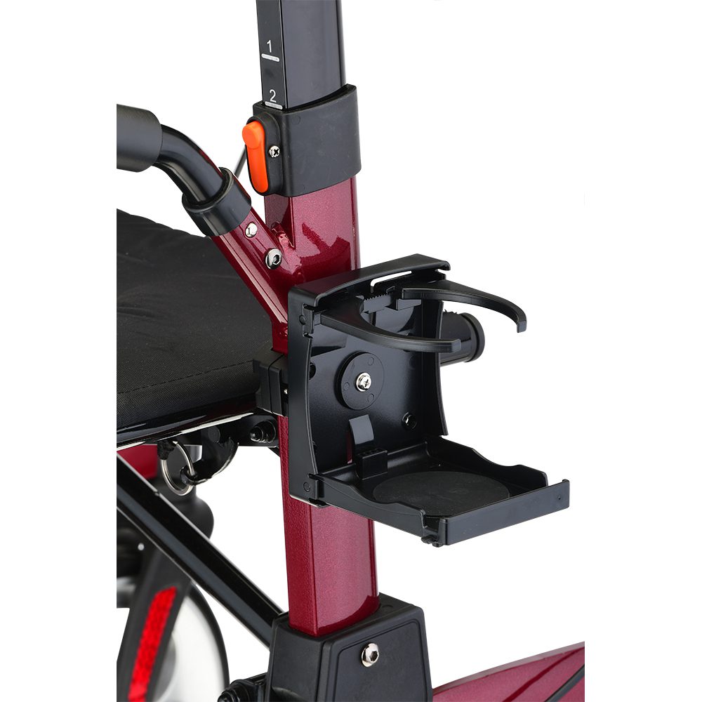Adjustable cup holder on red mobility scooter