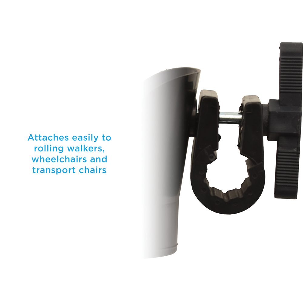 Clamp-on adjustable cup holder for mobility aids