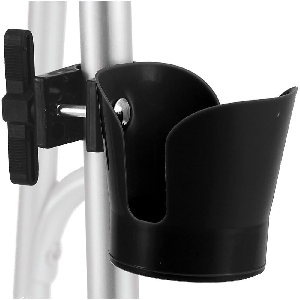 Black cup holder attached to walker frame