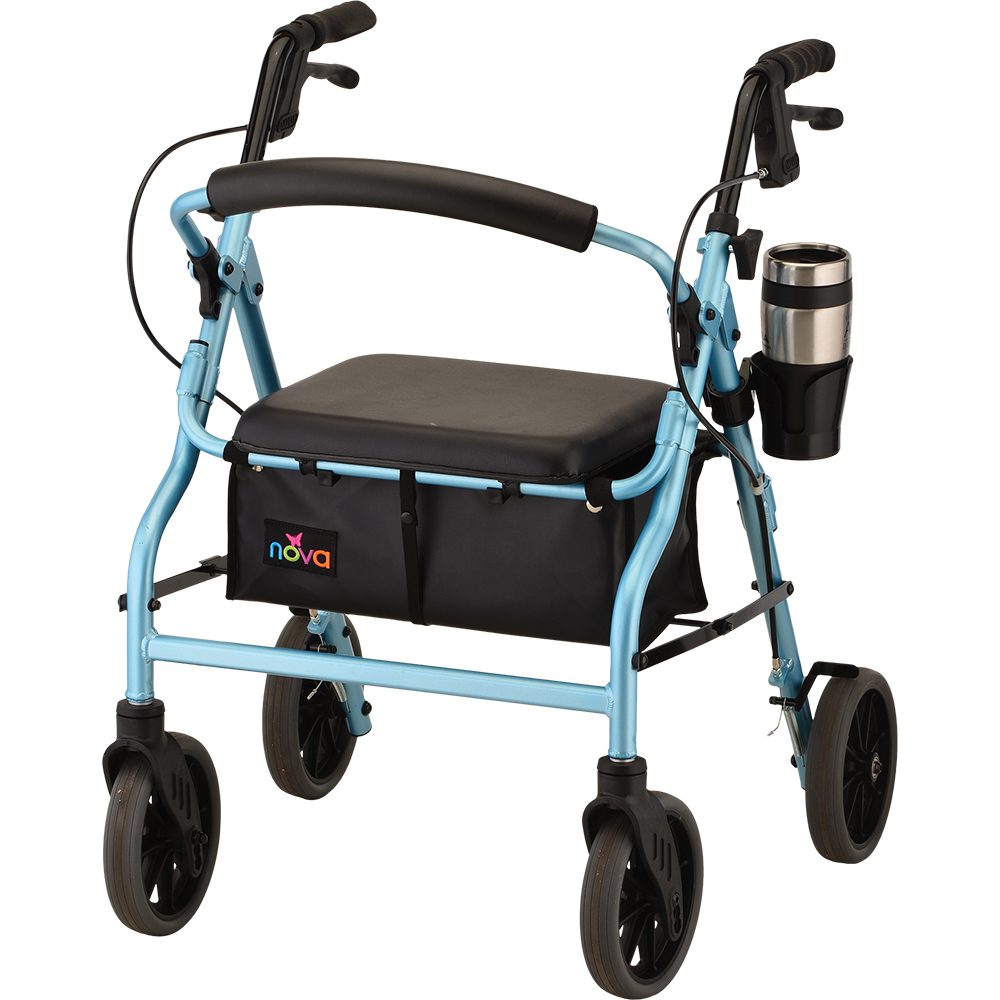 Light blue rollator walker with seat and cupholder