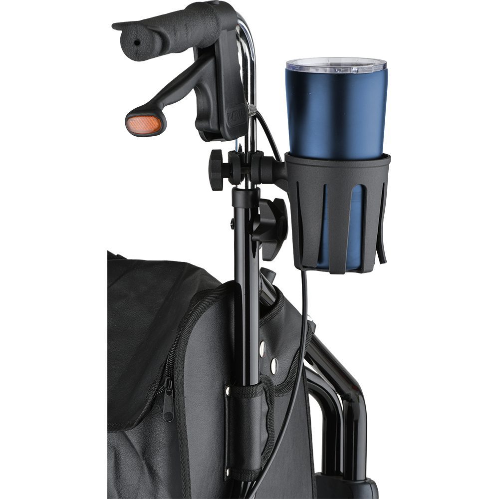 Walker handlebar with cup holder and blue tumbler