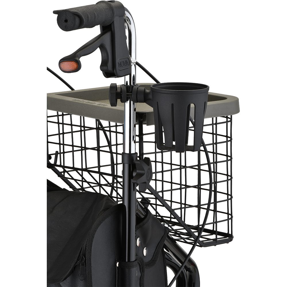Rollator walker with wire basket and cup holder