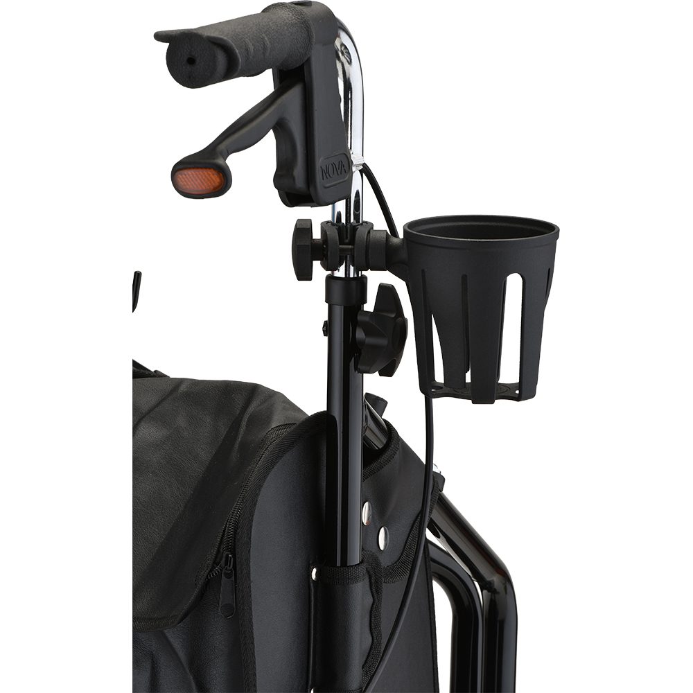 Walker handle with cup holder and bag