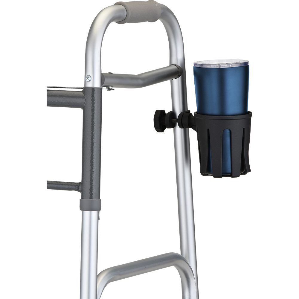 Walker with attached cup holder and blue tumbler