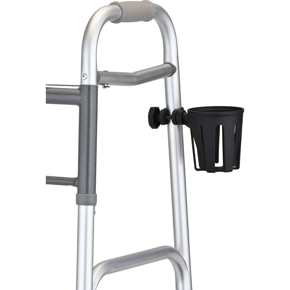 Silver walker with attached black cup holder
