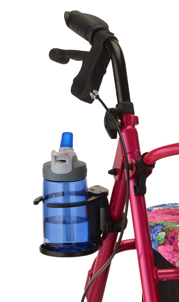 Pink walker with blue water bottle holder