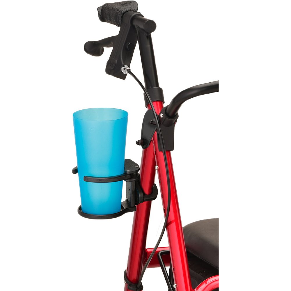 Red walker with blue cup in holder