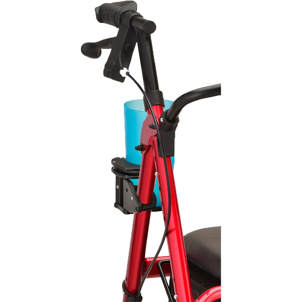 Red rollator walker with blue cup holder