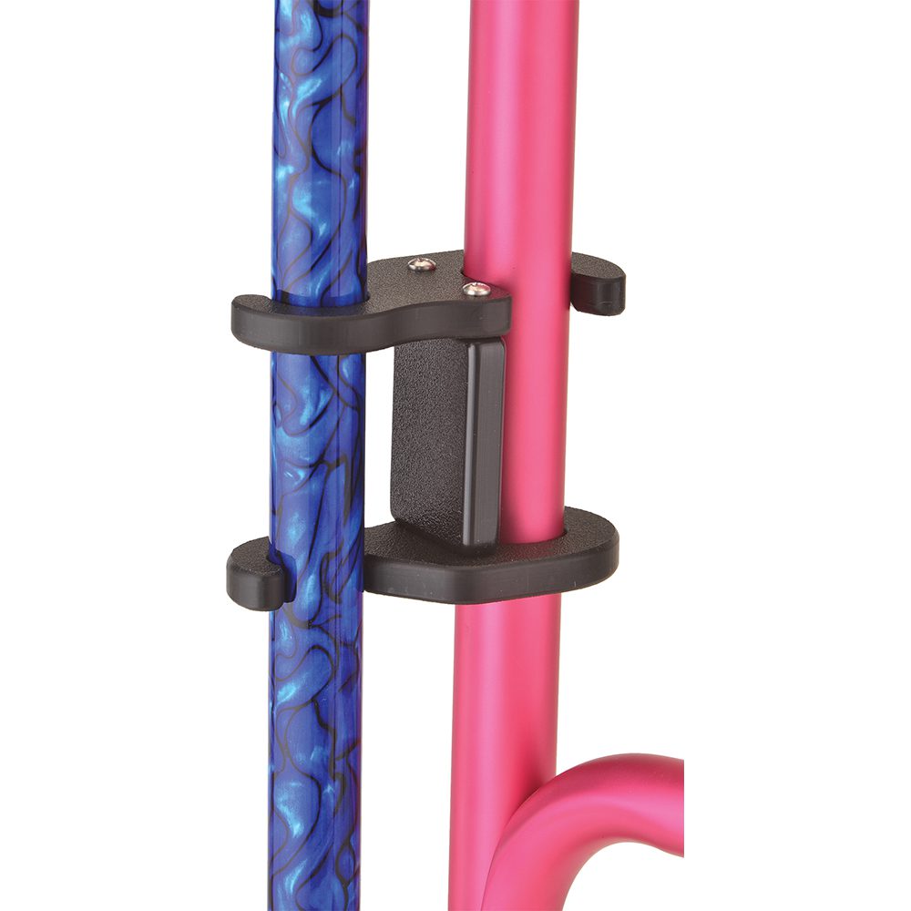 Blue walking cane and pink pole in bracket