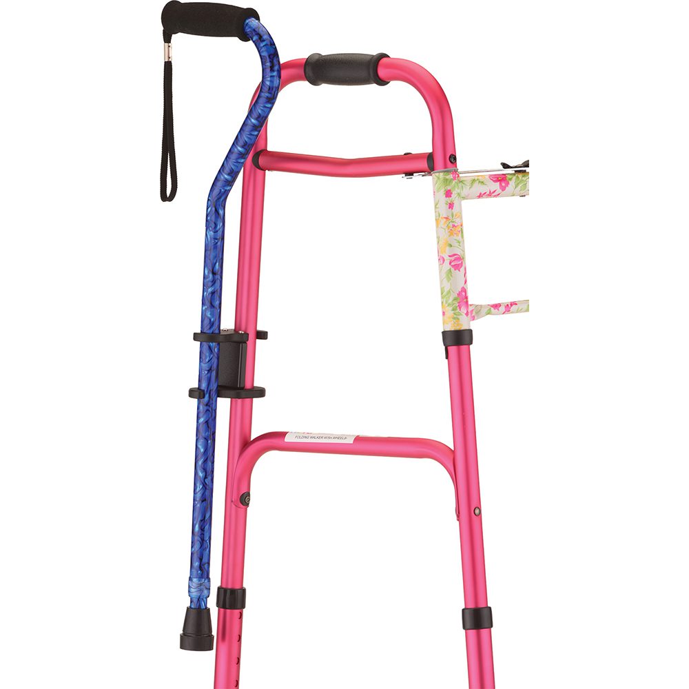 Pink mobility walker with blue cane attached