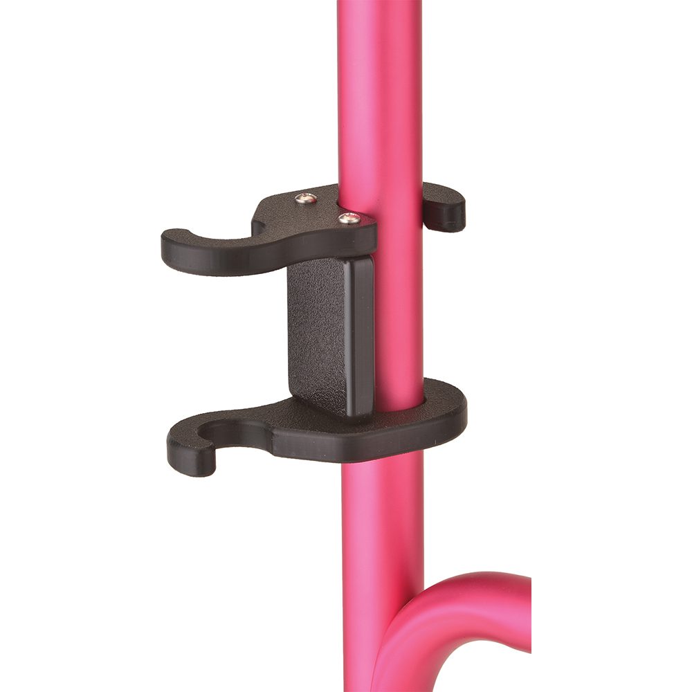 Black plastic clamp on pink metal pole