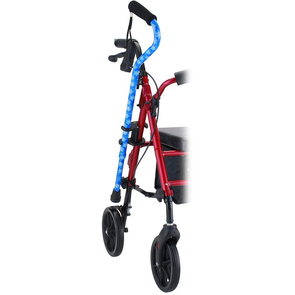 Red rollator walker with blue cane