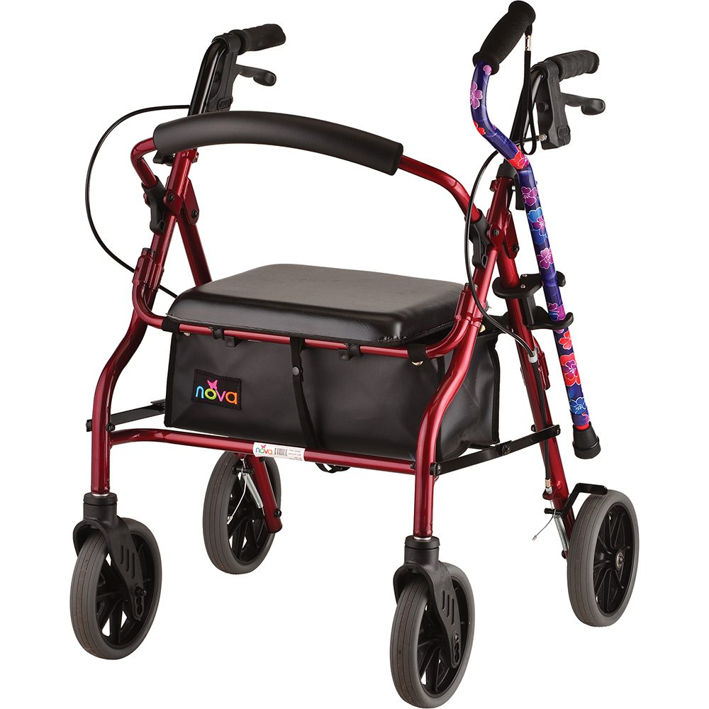 Red four-wheel rollator walker with seat and bag