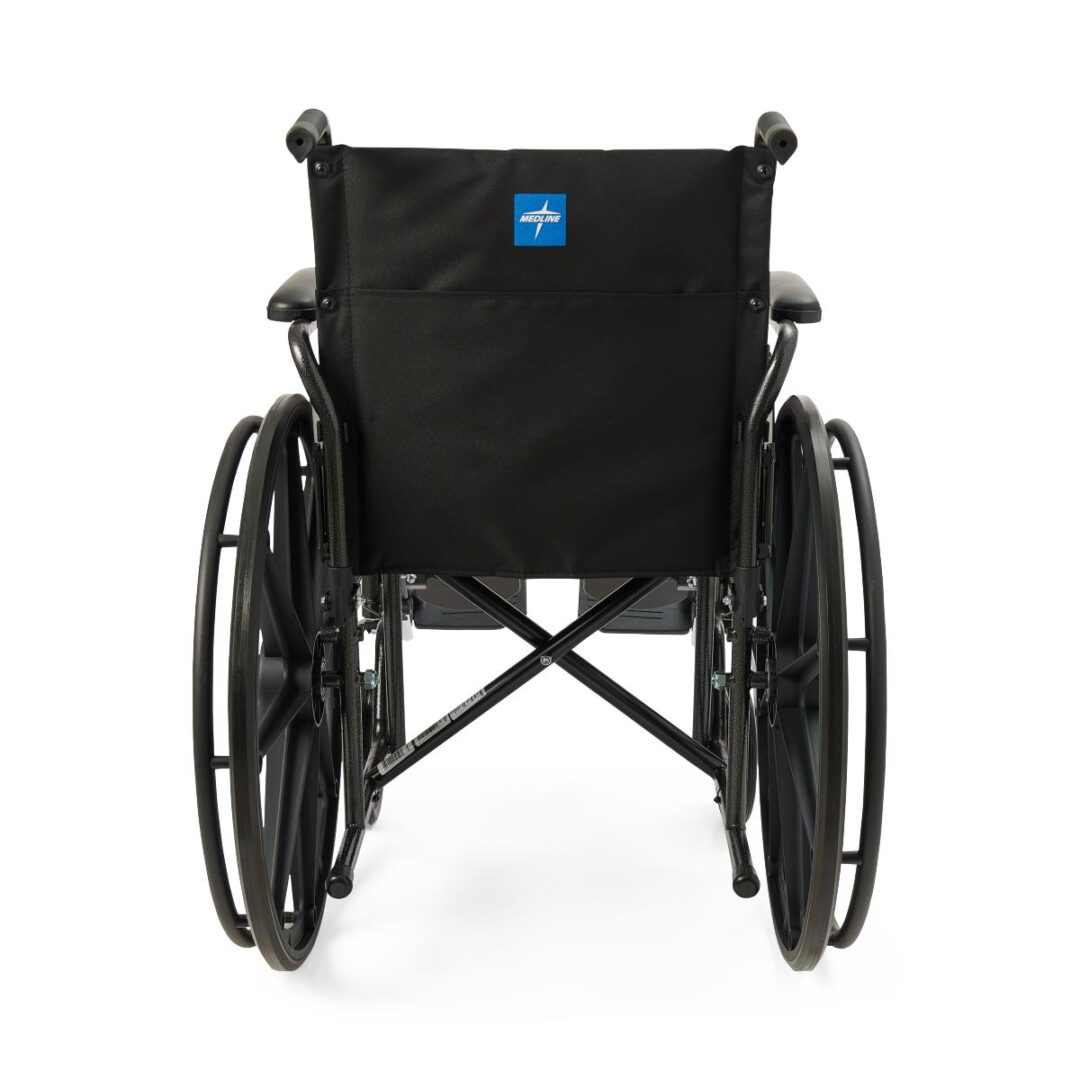 Rear view of black manual wheelchair