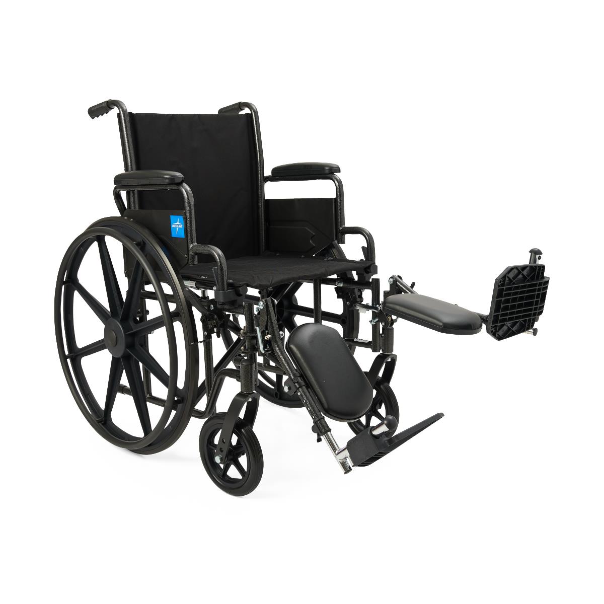 Black manual wheelchair with elevating leg rests