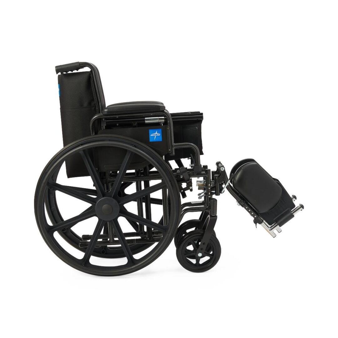 Black manual wheelchair with extended footrest
