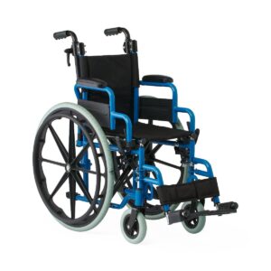 Blue manual wheelchair with footrests and armrests