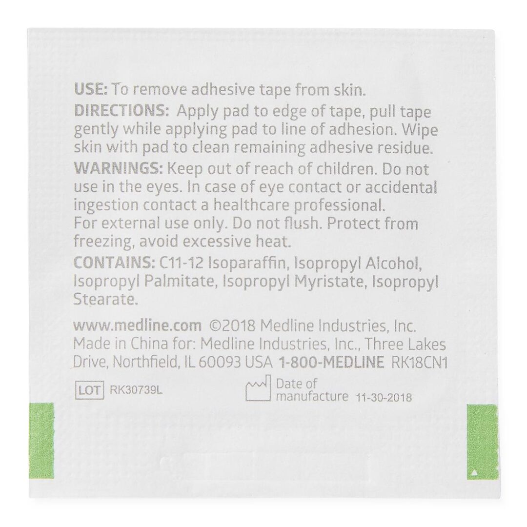 Adhesive remover pad packet with instructions