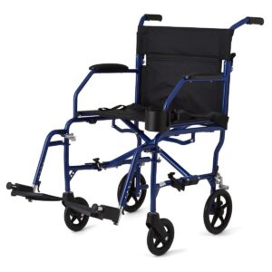 Blue transport wheelchair with push handles