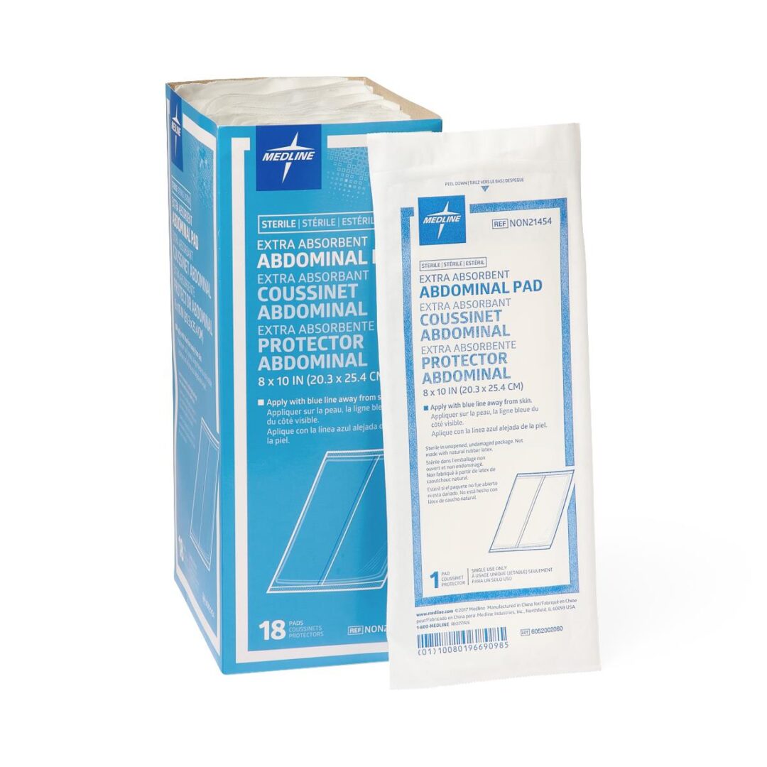 Box of sterile extra absorbent abdominal pads