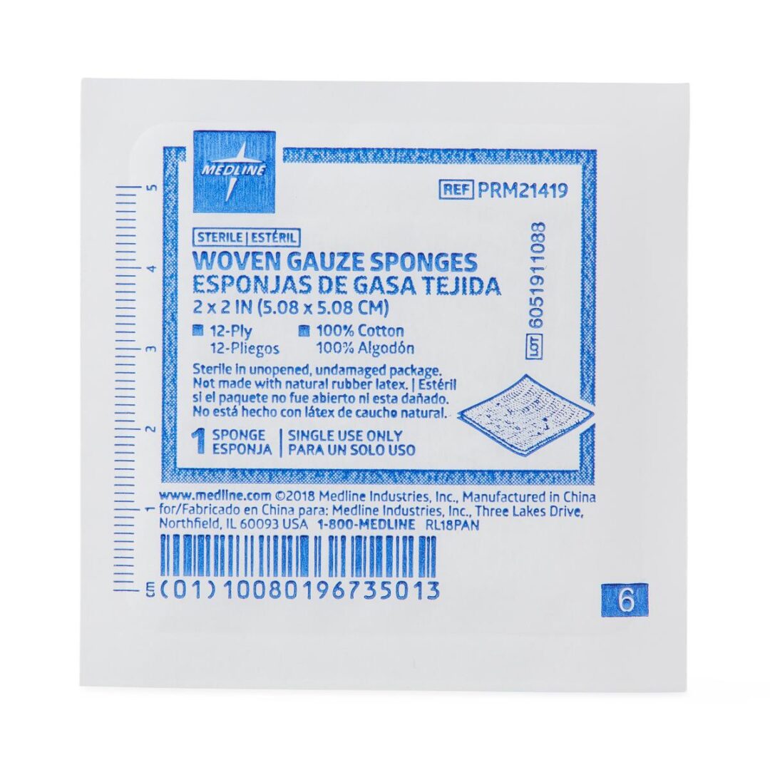 Sterile woven gauze sponge in white wrapper