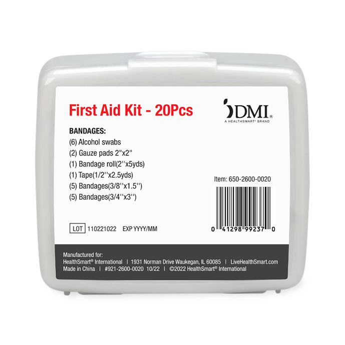 Compact 20-piece first aid kit plastic case