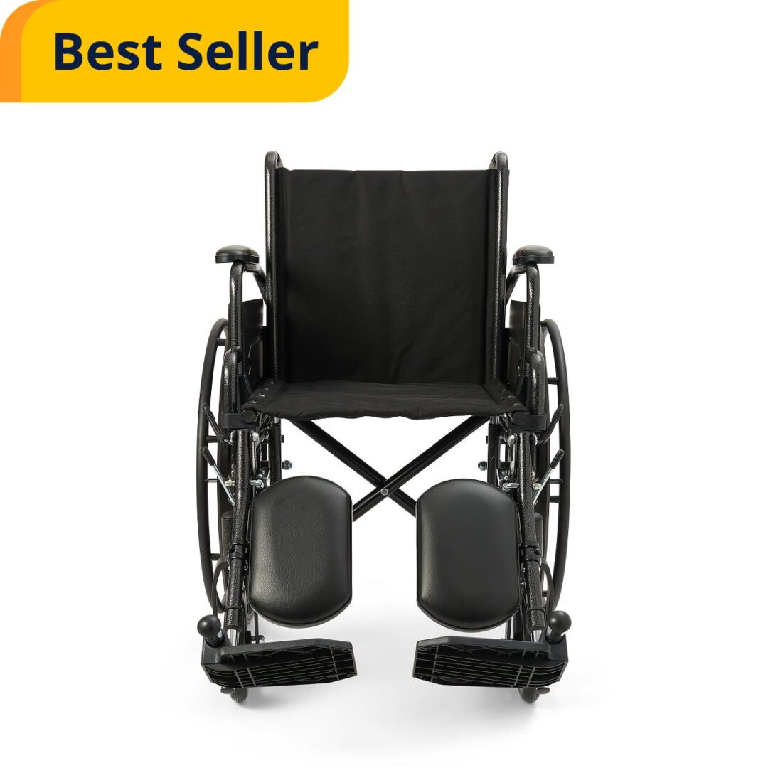 Front view black manual wheelchair with footrests