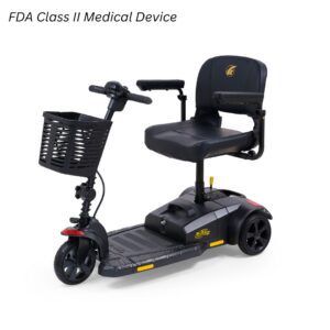 Black three-wheel mobility scooter with basket