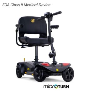 Black compact four-wheel mobility scooter with seat
