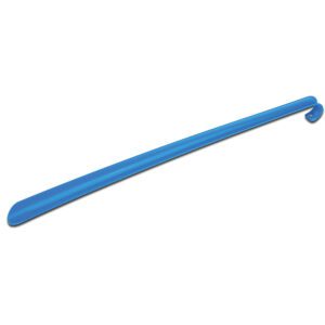 Long blue plastic shoehorn with hooked handle